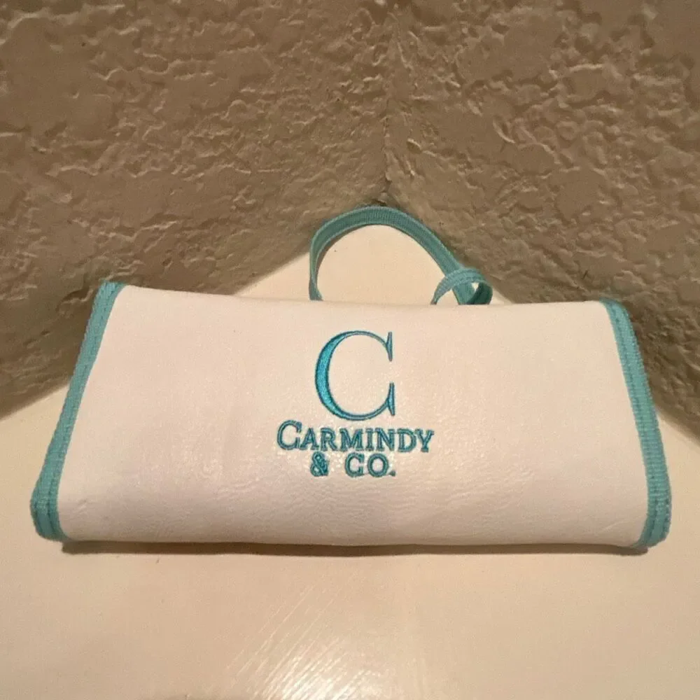 Carmindy & Co Make Up Brush Set White Teal Blue Roll Up Travel Storage Pouch New